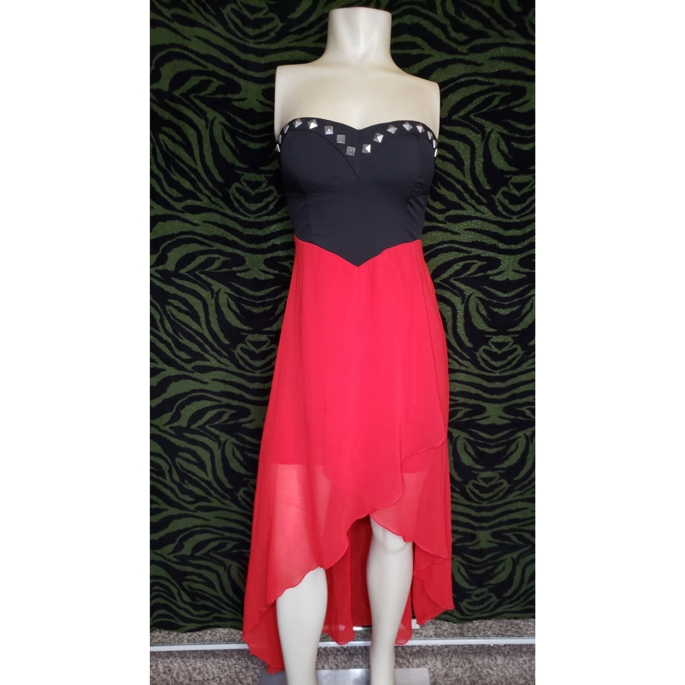 Black & coral strapless high low maxi dress